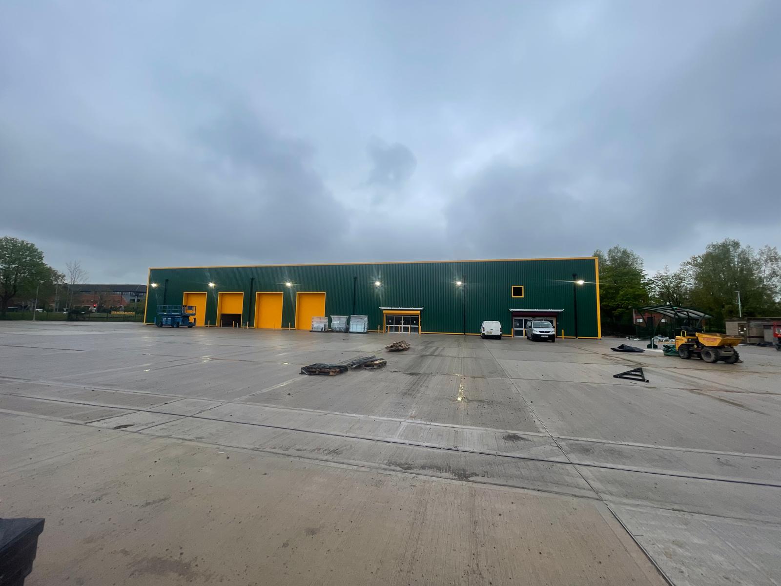new-build warehouse electrical installation, finished building and yard