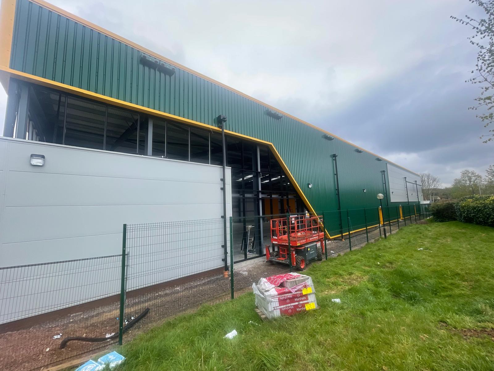 new-build warehouse electrical installation, side of the new building